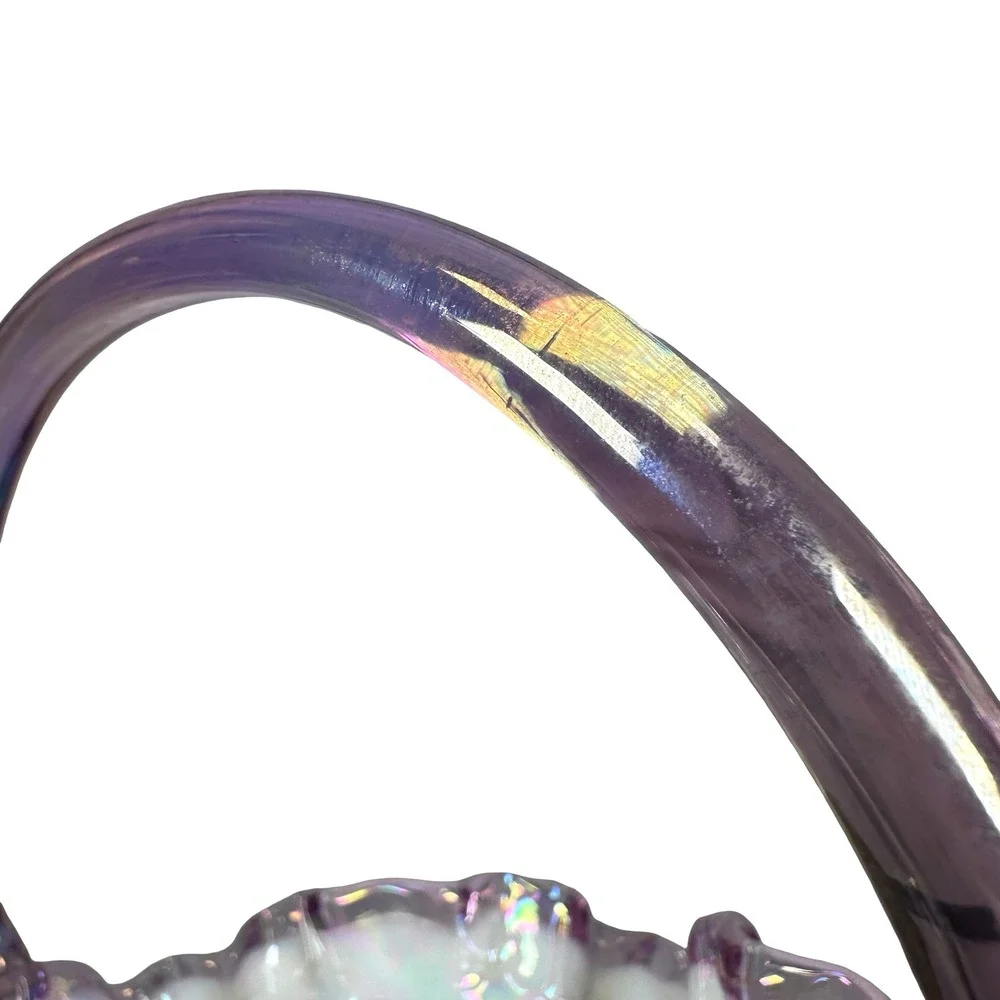 Fenton Iridescent Clear Carnival Glass Floral Basket Ruffled‎ Edge Pink Handle